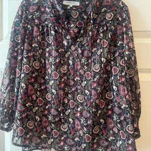 Gerard Darel Pink and Red Puff Sleeve Blouse with Ruffled Mandarin Collar